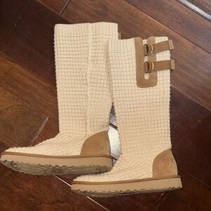 UGG Cream Knit Solene  Boots with Tan Accents